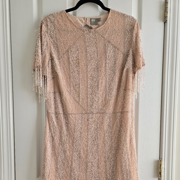 ASOS Dresses & Skirts - ASOS blush Nude Pink Silver Fringe Beaded Open Back Cocktail Party Mini Dress